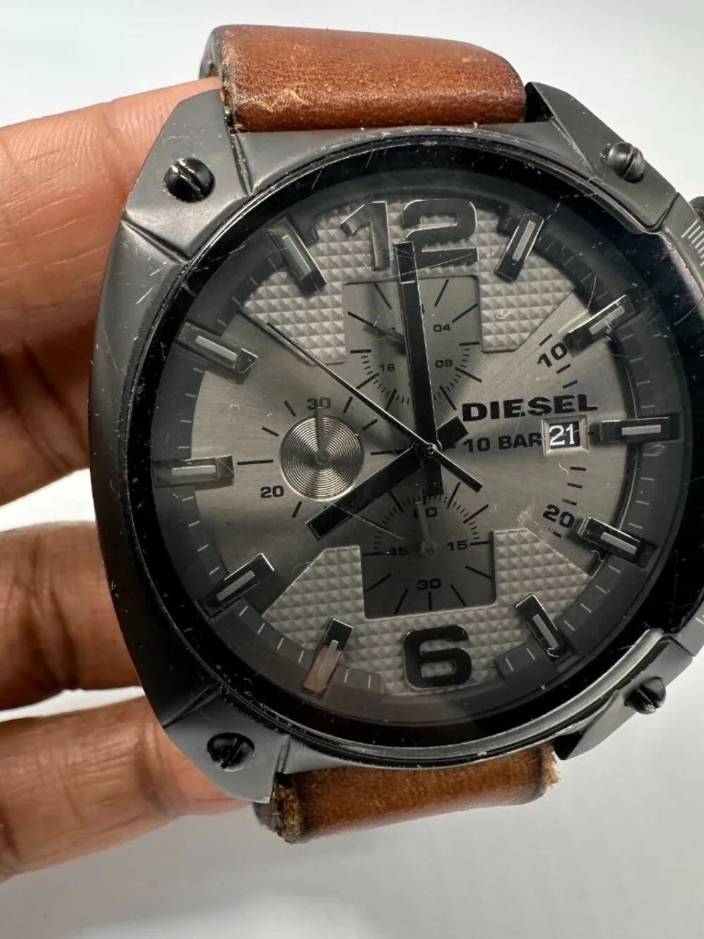 Diesel Overflow Chronograph Watch Mens Black Dial 50MM Brown Band New Battery